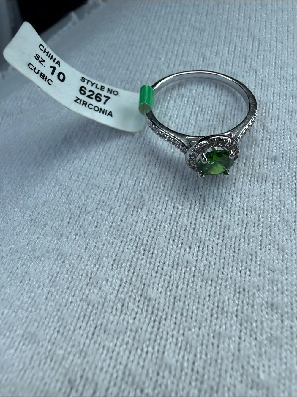 Green Cubic Zirconia Halo Ring - Size 10